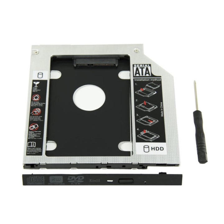 Кутия за твърд диск Caddy 2.5'' Kosiil, SATA, 9.5мм, Алуминий, Черен и Сребрист, за лаптоп