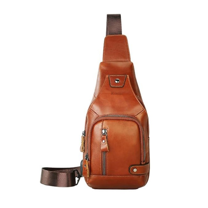 Férfi válltáska, Kosiil, természetes bőr, 30x16x7cm, barna, külső USB porttal