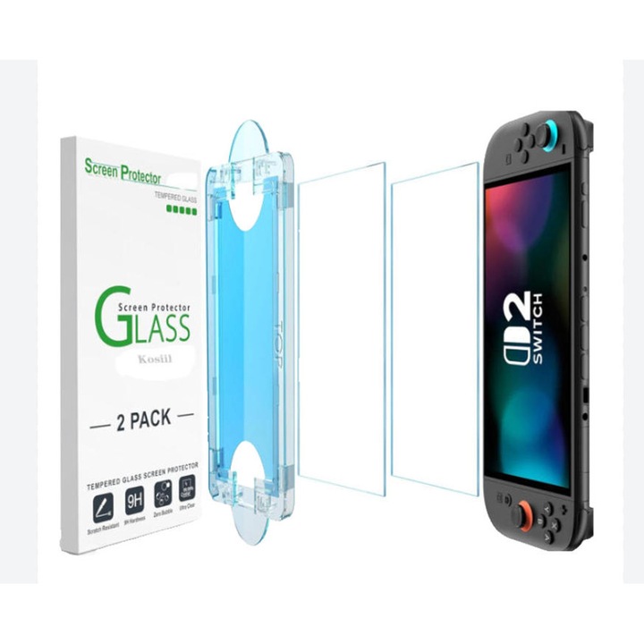 Set de 2 folii de protectie din sticla temperata Kosiil pentru Nintendo Switch 2, 7.9'', instalare automata in 30 secunde, 9H, anti-amprente, 0.3 mm