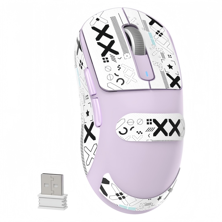 Мишка Gaming Poisoon X3, 49g, сензор PixArt PAW3395 26000 DPI, Bluetooth/2.4GHz/USB свързаност, 200 часа презареждаща се батерия, лилава