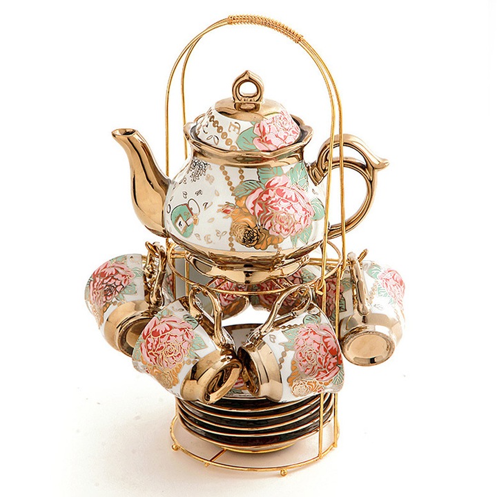 Set de ceai din portelan Forthcan, 13 piese, ceainic, cesti si farfurioare, design electroplacat, elegant