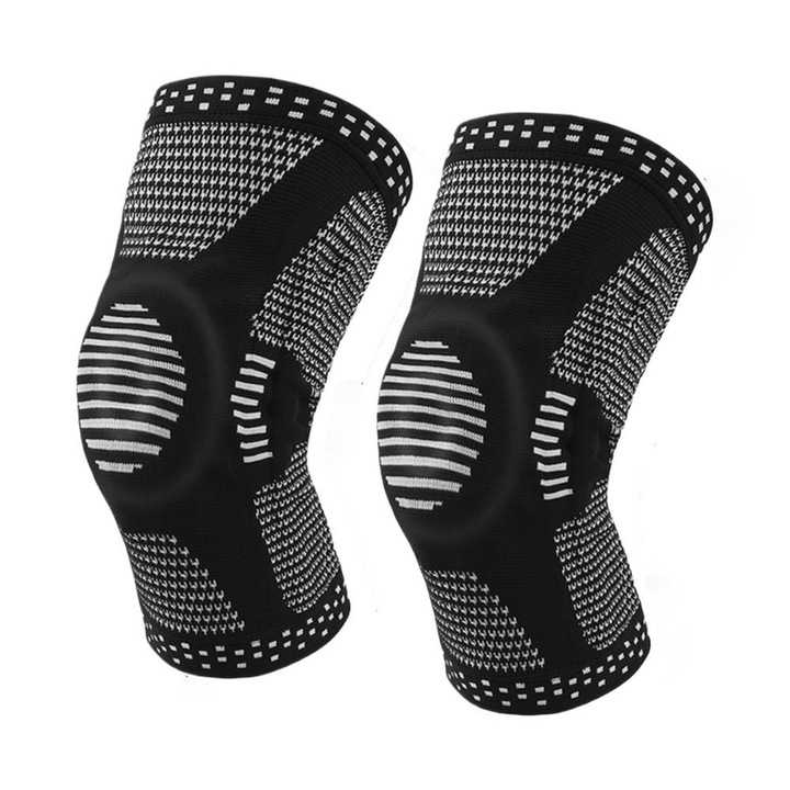 Genunchiere elastice, protectie pentru genunchi, Ronyes, unisex, cu arcuri, inele din silicon, reglabile, spandex, negre, marimea L