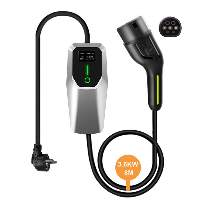 Cablu de incarcare masini electrice, AWESAFE, 3.6kW, curent ajustabil (6/8/10/13/16A), cablu 10m, tip 2, Curent trifazic, cu afisaj digital LED