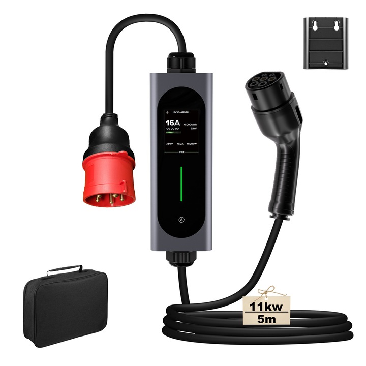 Cablu de incarcare masini electrice, AWESAFE, 11kW, curent ajustabil (6/8/10/13/16A), cablu 5m, tip 2, Curent trifazic, cu afisaj digital LED, Cu geanta de transport