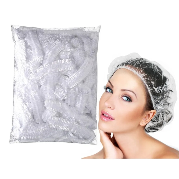 Set de 100 bonete de dus transparente, impermeabile, 53cm lungime, 1.5mm grosime, unisex, rezistente