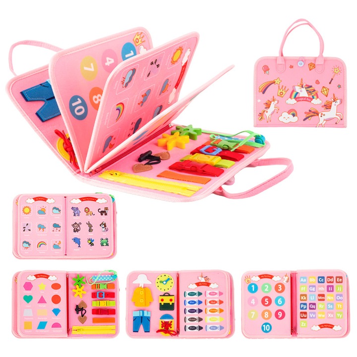 Carte educationala Montessori, senzoriala, din fetru, unicorn roz