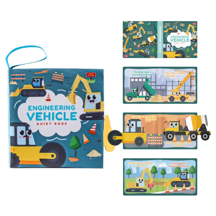 Carte educationala Montessori, senzoriala, din fetru, vehicul de constructie