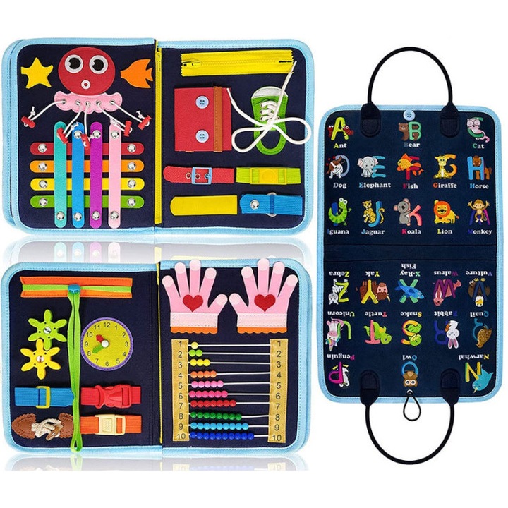 Carte educationala Montessori, joc interactiv, jucarie senzoriala, carte din fetru, set