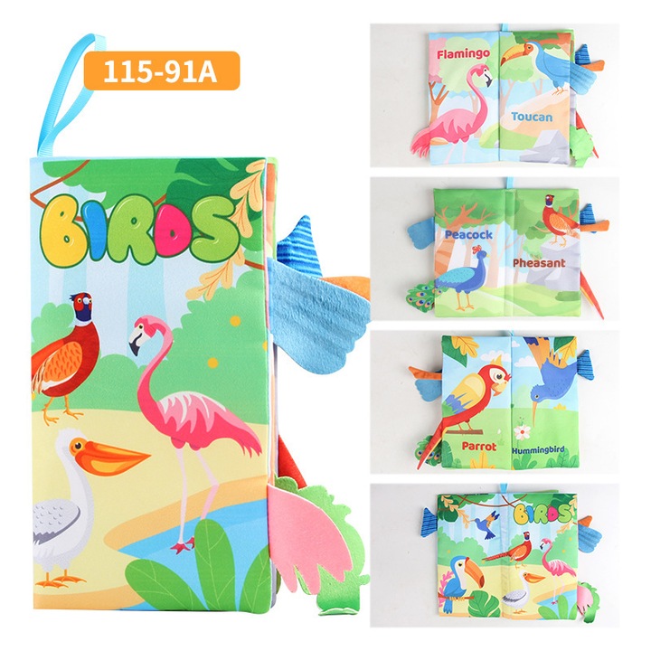 Carte Montessori, jucarie interactiva, jucarie senzoriala, carte din fetru, animale zburatoare