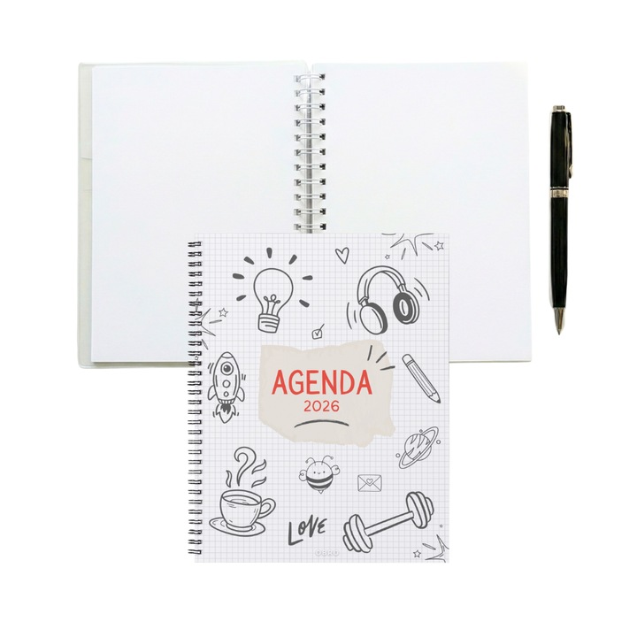 Agenda OBRO 2026, A5, 160 Pagini, Coperta Carton/Plastic, Spirala Metalica, Alb