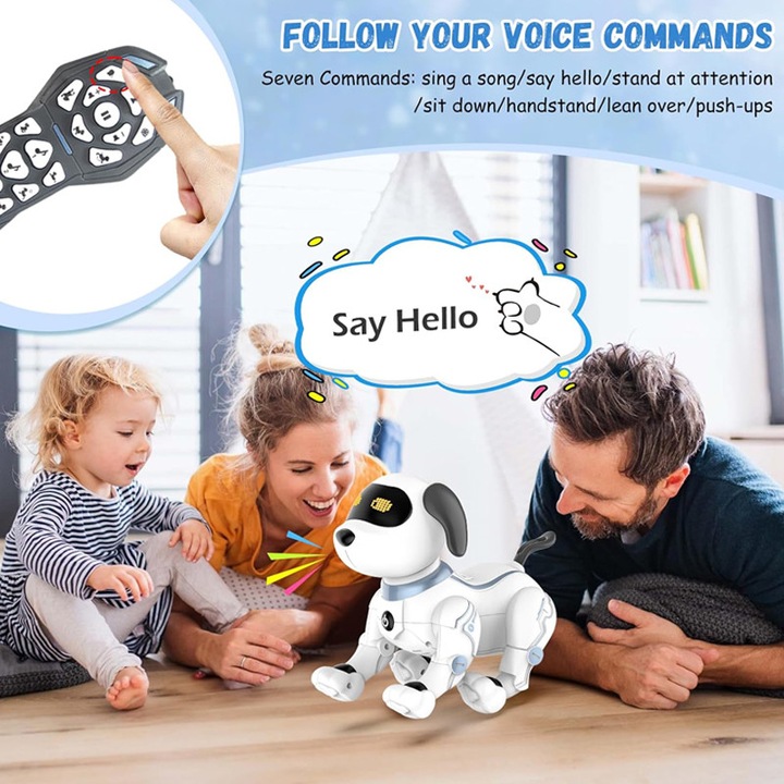 Caine Robot Inteligent, Omelivon, 3 ani+, cu Telecomanda, Control Vocal, Dans si Functii Programabile, Interactiv Tactil, Muzica Interactiv, 7 Comenzi, 1 Acumulatori, Jucarie Robotica Pentru Caines, Alb/Albastru