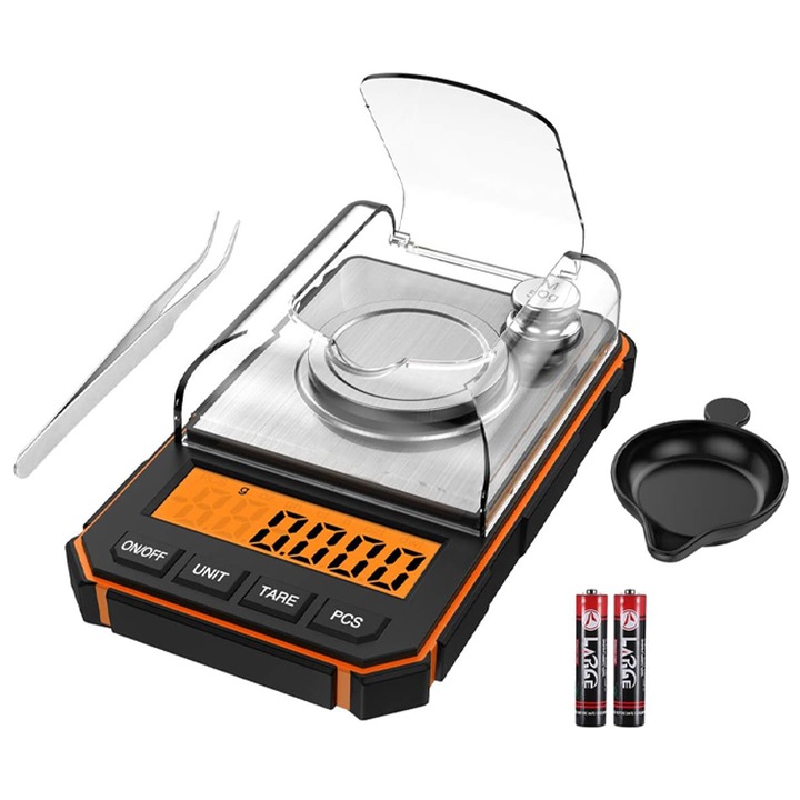 Cantar pentru Bijuterii cu Precizia de 0.001g Series, Rqiurpn, LCD, Cu Functia Calibrare, 50 g Greutate Maxima Cantarita, Plastic, Negru/Portocaliu