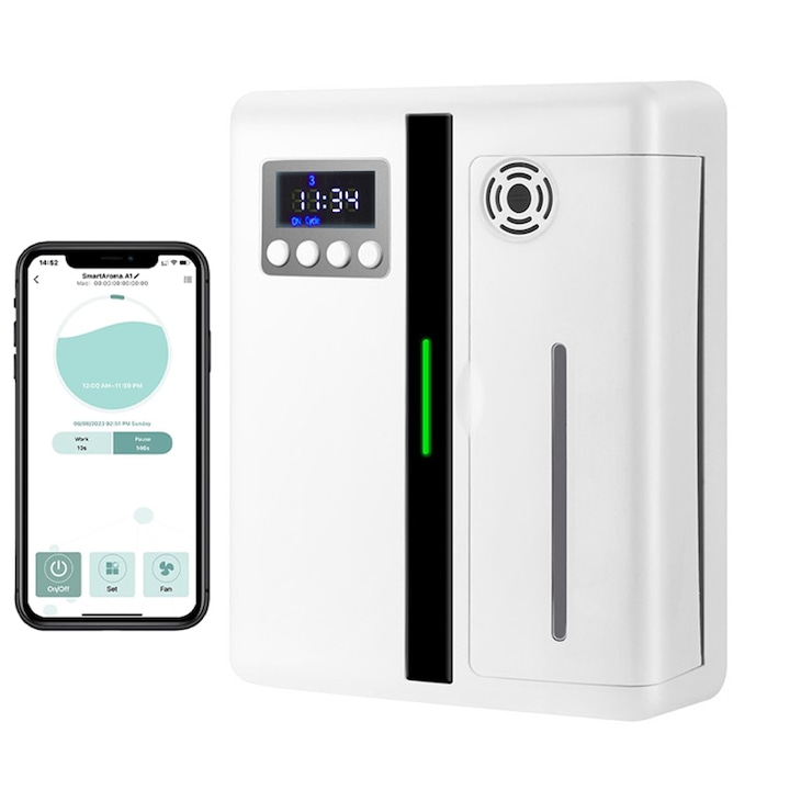 Difuzor de Parfum Profesional, Rqiurpn, Afisaj LCD, Atomizare Silentioasa, Bluetooth, Temporizator, Control Smart Prin Aplicatie, Acoperire Pana la 300 m², Pulverizare Automata Programabila, Design Compact pentru Casa, Birou, Spatii Comerciale, Alb