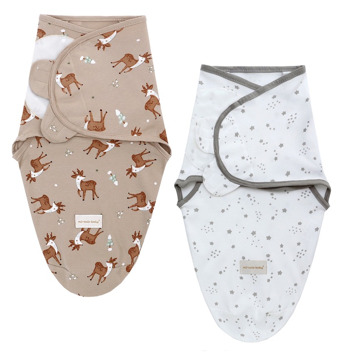 Paturi de infasat Miracle Baby, pachet de 2, 100% bumbac, pentru nou-nascuti si sugari, moi si reglabile, L