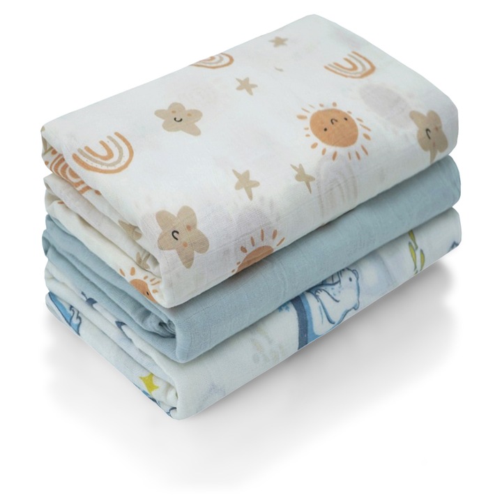 Paturi Miracle Baby pentru nou-nascuti, patura din muselina de bambus si bumbac pentru bebelusi, baieti sau fetite, 120x120cm, paturi mari de infasat pentru nou-nascuti, set cadouri pentru petrecerea de baby shower - 47"x 47", pachet de 3, Soare zambitor