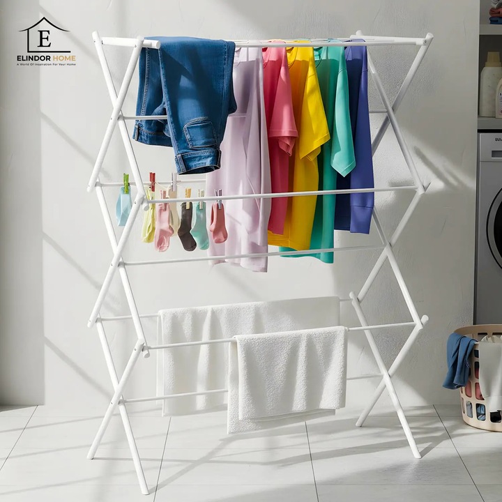 Вертикална сушилня Elindor® за дрехи, 6 нива, сгъваема, 11 пръта за сушене на дрехи, фиксирана опора, спестяване на място, идеална за интериор, максимално поддържано тегло 14,5 кг, 37 × 75 × 106 см, бяла
