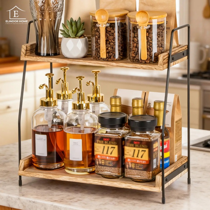 Органайзер Elindor® на 2 нива, многофункционален контейнер за съхранение, органайзер за баня и кухненски шкаф, рафт за кафе, подправки, парфюми, кремове, дървена поставка, кафяв