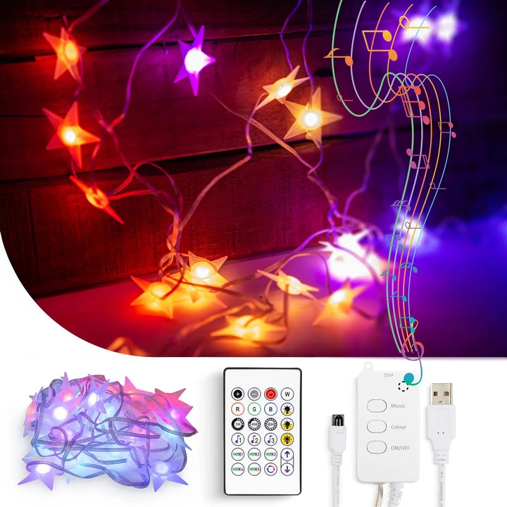 Ghirlanda Inteligenta in Forma de Stea RGB LED - Mod Muzical - Bluetooth si USB - 5 m