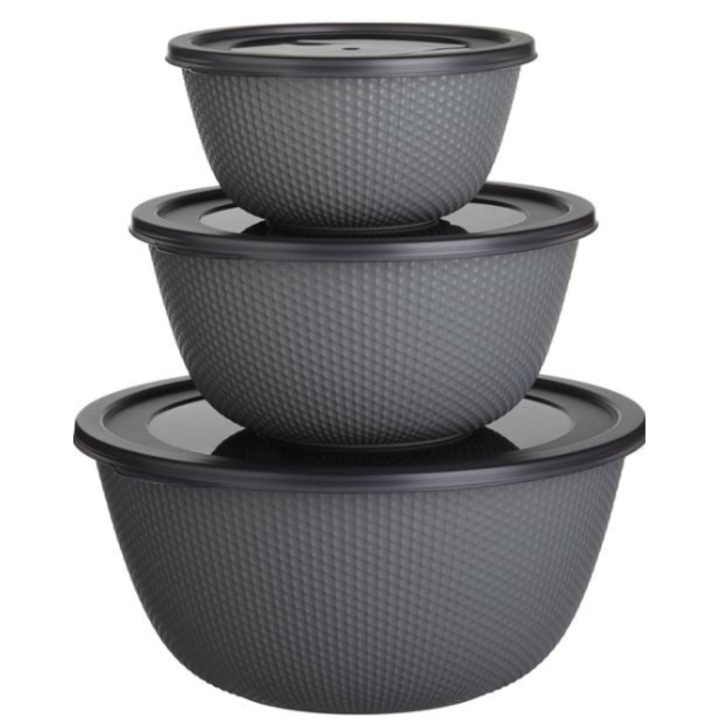 Set Boluri din Plastic Gri cu Capac (0.5lt-1lt-2lt) - 3buc