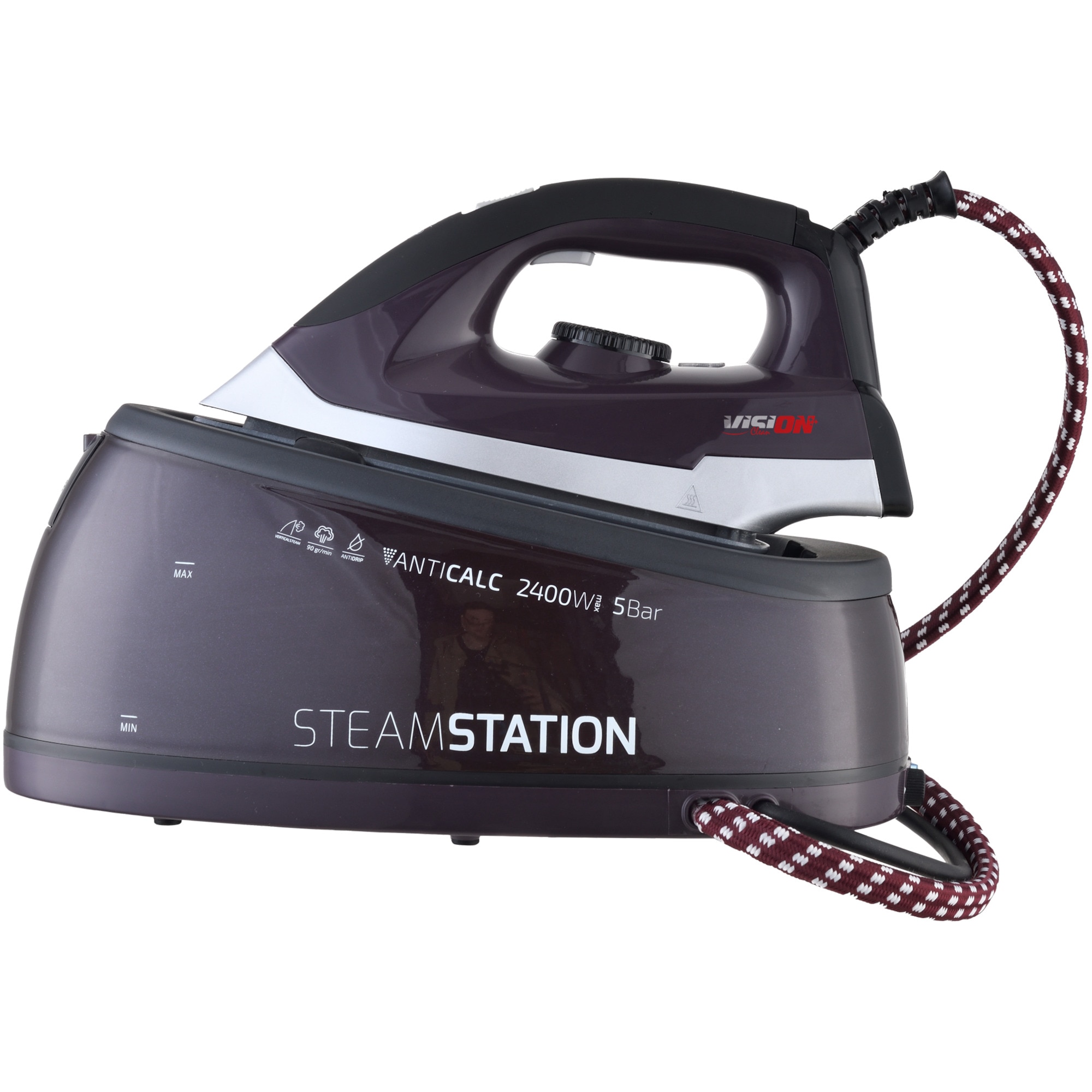 Statie de calcat Vision Clean VSCA01A, 2400W, 1.8l, 90 g/min, 5 bar, Talpa ceramica, Protectie supraincalzire, Functie auto-curatare, Negru/Argintiu