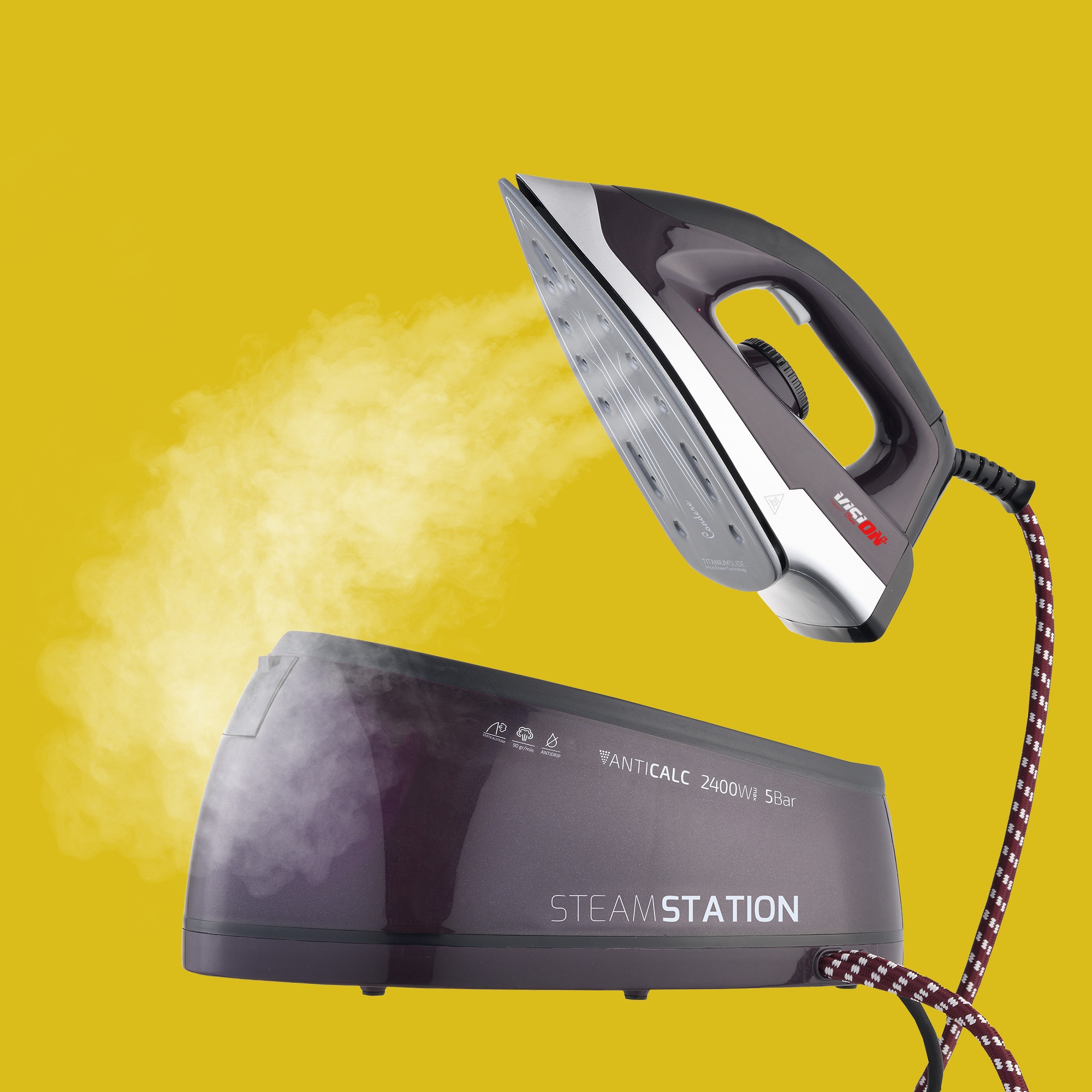 Statie de calcat Vision Clean VSCA01A, 2400W, 1.8l, 90 g/min, 5 bar, Talpa ceramica, Protectie supraincalzire, Functie auto-curatare, Negru/Argintiu