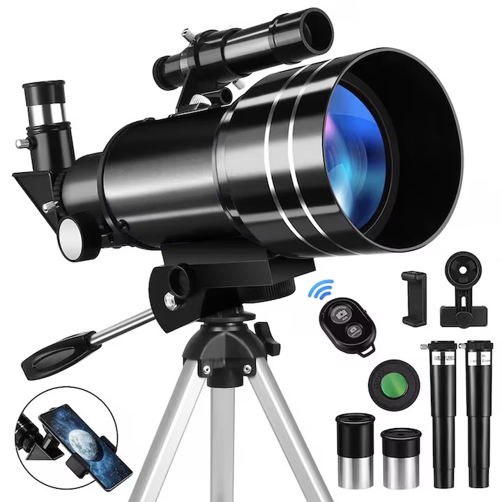 Telescop refractor OVERTANG 70mm 15x-150x cu telecomanda si adaptor telefon