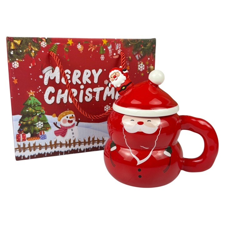 3D чаша Дядо Коледа, керамична, червена, 420мл, с капак