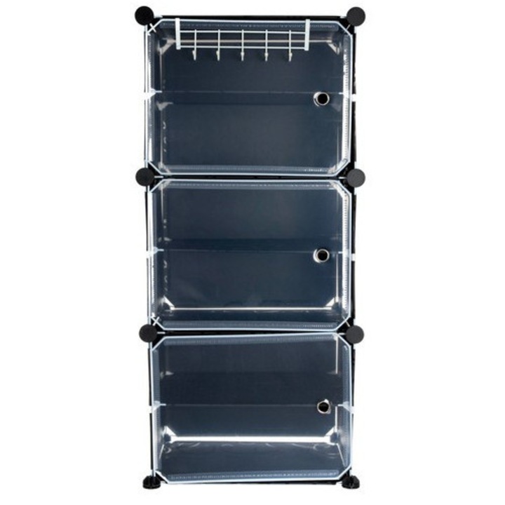 Ruhhy moduláris cipőtartó, 3 modul átlátszó ajtókkal, fém keret, fekete, 93x44x31 cm, szett