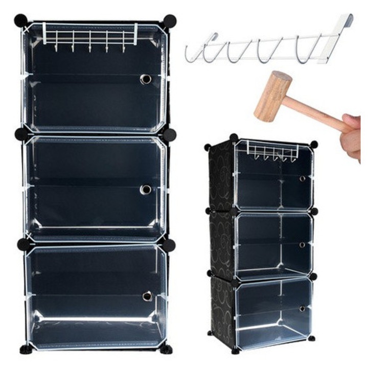 Raft pantofi Ruhhy, 6 polite, negru, 93x44x31.5cm, cadru metalic