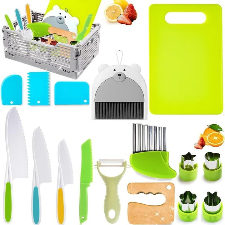 Gyerek konyhai játék szett, 17 darabos szett, valódi, gyermekbarát műanyag szakácseszközök főzéshez, köténnyel