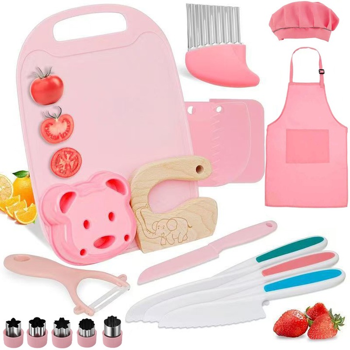 Gyerek konyhai játék szett, 19 darabos szett, valódi, gyermekbarát műanyag szakácseszközök főzéshez, köténnyel, rózsaszín