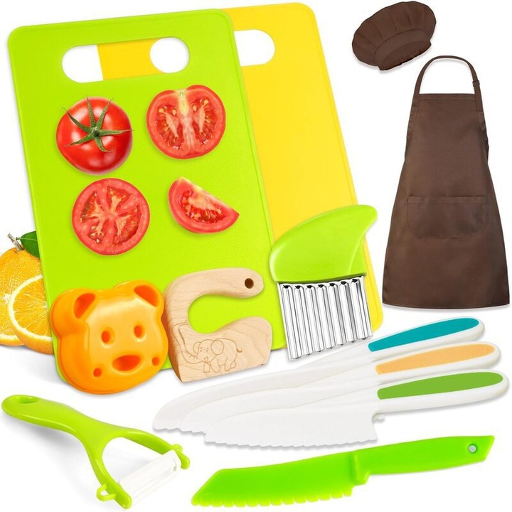Gyerek konyhai játék szett, 12 darabos szett, valódi gyermekbarát műanyag szakácseszközök főzéshez, köténnyel