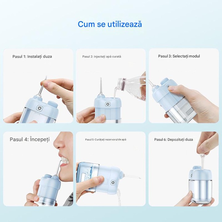VeniSymlis® Mini irigator dentar portabil pentru uz oral, pana la 1600 impulsuri pe minut, 3 moduri de curatare, rezervor de apa de 80ml, IPX7, silentios, material netoxic, culoare alba