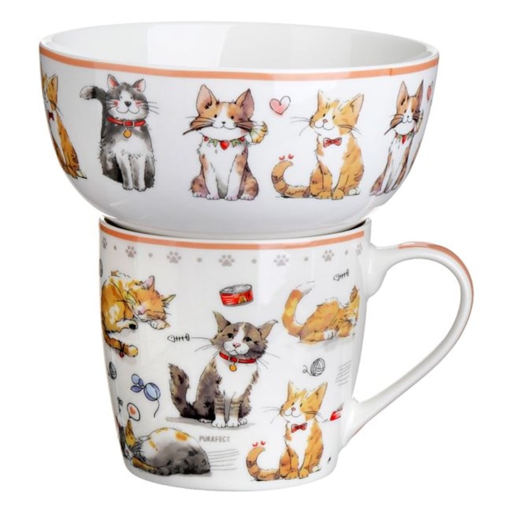 Set 2 Buc Cana 340 ml + Bol 480 ml Ceramica Model Pisici Alb Roz Pentru Mic Dejun Servire