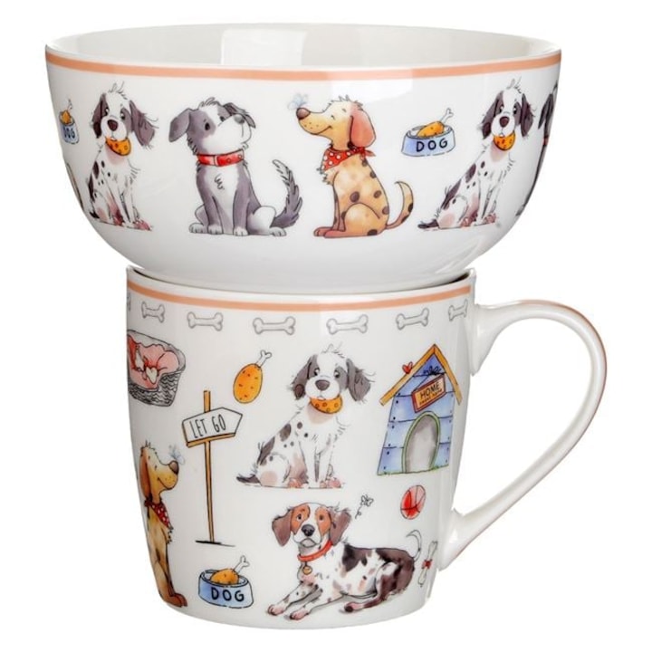 Set 2 Buc Cana 340 ml + Bol 480 ml Ceramica Model Caini Alb Roz pentru Mic Dejun Servire
