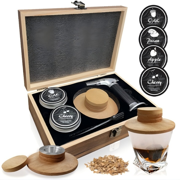 Set kit de afumator de cocktail/whisky cu torta, Set Afumare Bauturi Alcoolice si Nonalcoolice cu Torta Incluzand 4 Arome Naturale, Nu Contine Gaz Butan, Afumator pentru Bar, Acasa, Gift pentru Barman, Set Afumare Gin, Vodka, Rom, Whiskey