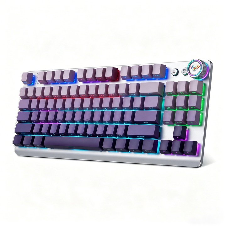 Tastatura mecanica AULA F3001, TKL 87 taste, 3 moduri (Bluetooth/2.4G/USB-C), iluminare RGB, buton rotativ, keycaps mov gradient (Purple Gradient)