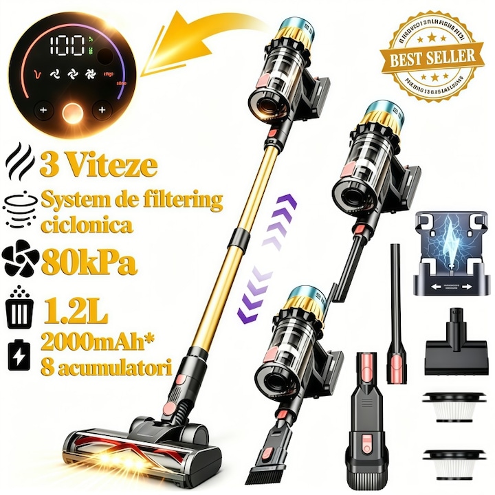Aspirator vertical Fara Fir, AjieQaQ® PowerCore,4 in 1,650W/80kpa, Baterie 17600 Mah, Acumulator Li 29.6V,3 moduri, Autonomie pana la 70 min, Rezervor praf 1.8 l, Tub extensibil, Ecran tactil LED inteligent, Filtru HEPA, Cu cinci accesorii, Auriu/Negru