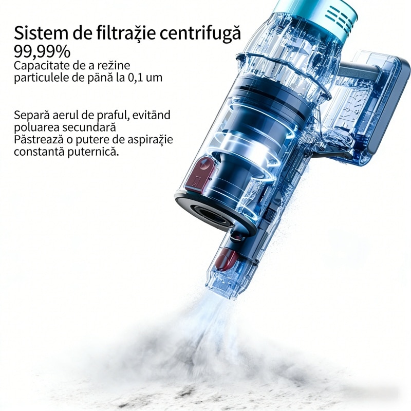 Aspirator vertical Fara Fir AjieQaQ® V22 Pro: 650W/40kpa, Baterie 20000 Mah, acumulator Li 29.6V, 3 moduri, autonomie pana la 70 min, rezervor praf 1.2 l, Tub extensibil, Ecran tactil LED inteligent, filtru HEPA, cu cinci accesorii, Auriu/Negru