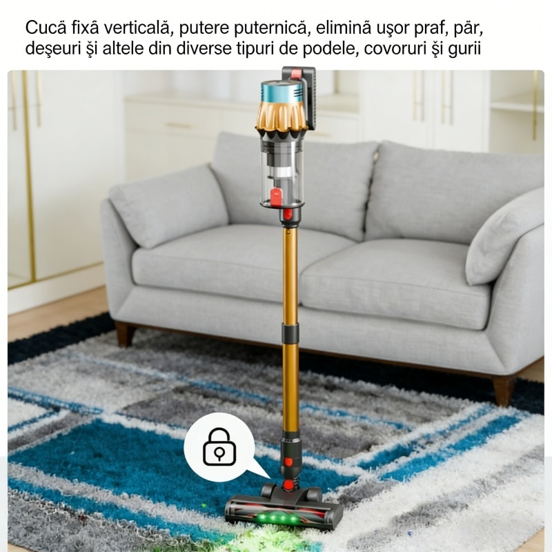 Aspirator vertical Fara Fir AjieQaQ® V22 Pro: 650W/40kpa, Baterie 20000 Mah, acumulator Li 29.6V, 3 moduri, autonomie pana la 70 min, rezervor praf 1.2 l, Tub extensibil, Ecran tactil LED inteligent, filtru HEPA, cu cinci accesorii, Auriu/Negru