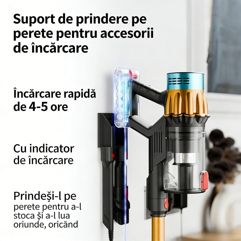 Aspirator vertical Fara Fir AjieQaQ® V22 Pro: 650W/40kpa, Baterie 20000 Mah, acumulator Li 29.6V, 3 moduri, autonomie pana la 70 min, rezervor praf 1.2 l, Tub extensibil, Ecran tactil LED inteligent, filtru HEPA, cu cinci accesorii, Auriu/Negru