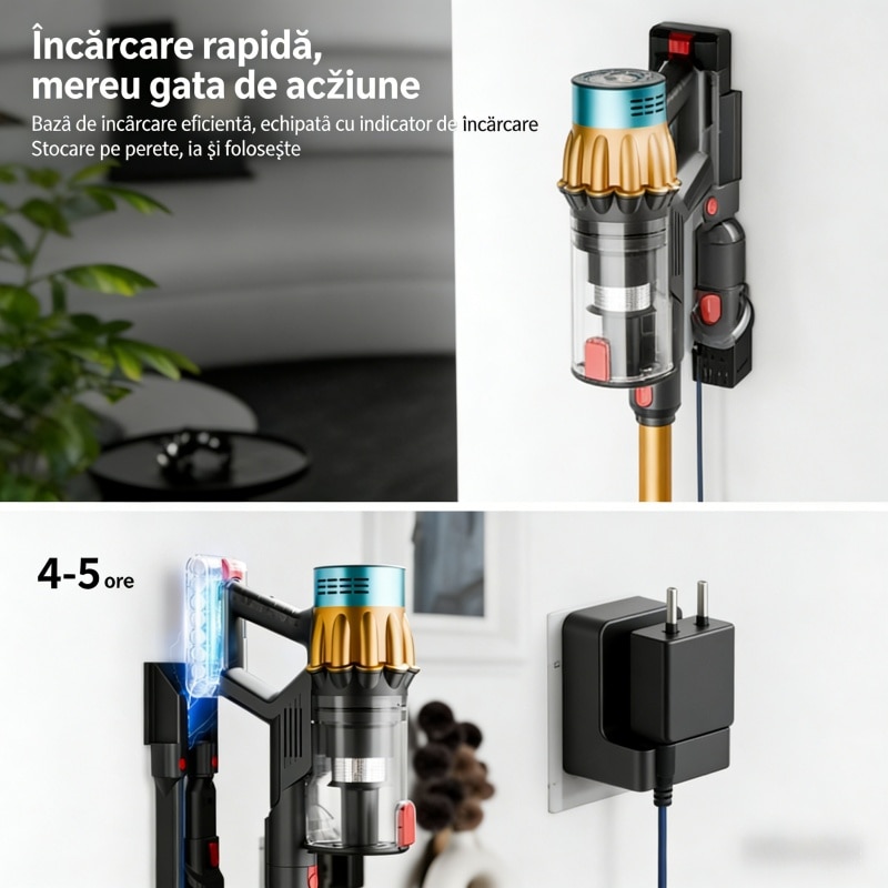 Aspirator vertical Fara Fir AjieQaQ® V22 Pro: 650W/40kpa, Baterie 20000 Mah, acumulator Li 29.6V, 3 moduri, autonomie pana la 70 min, rezervor praf 1.2 l, Tub extensibil, Ecran tactil LED inteligent, filtru HEPA, cu cinci accesorii, Auriu/Negru