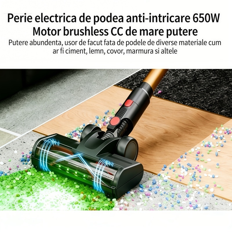 Aspirator vertical Fara Fir AjieQaQ® V22 Pro: 650W/40kpa, Baterie 20000 Mah, acumulator Li 29.6V, 3 moduri, autonomie pana la 70 min, rezervor praf 1.2 l, Tub extensibil, Ecran tactil LED inteligent, filtru HEPA, cu cinci accesorii, Auriu/Negru