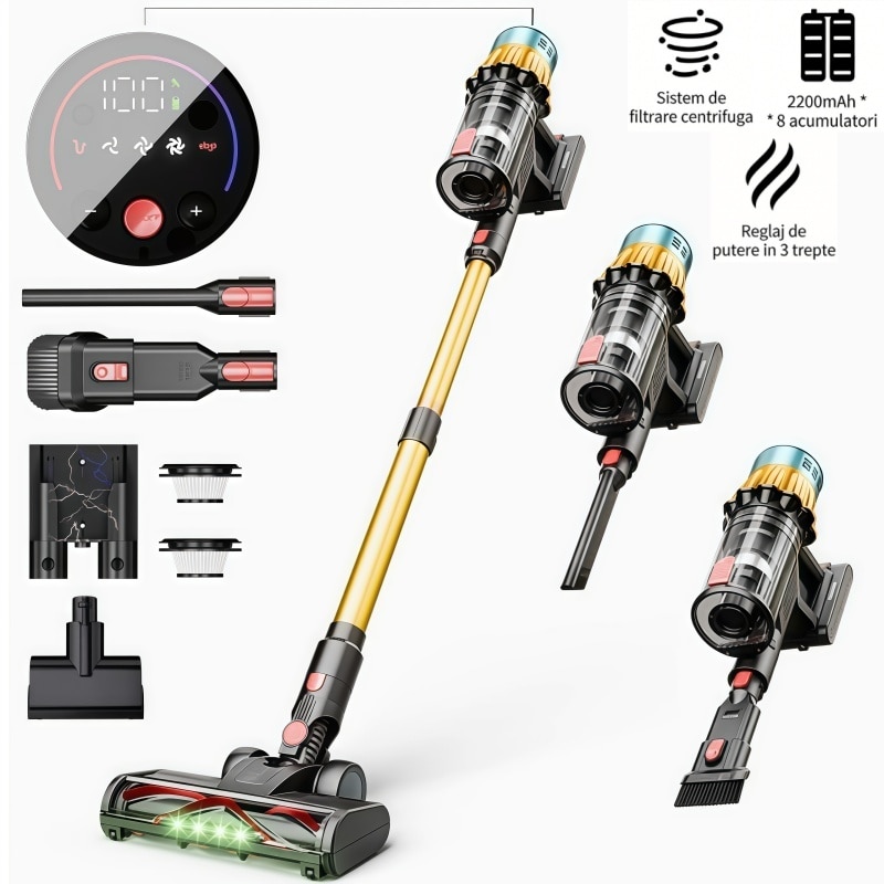 Aspirator vertical Fara Fir AjieQaQ® V22 Pro: 650W/40kpa, Baterie 20000 Mah, acumulator Li 29.6V, 3 moduri, autonomie pana la 70 min, rezervor praf 1.2 l, Tub extensibil, Ecran tactil LED inteligent, filtru HEPA, cu cinci accesorii, Auriu/Negru