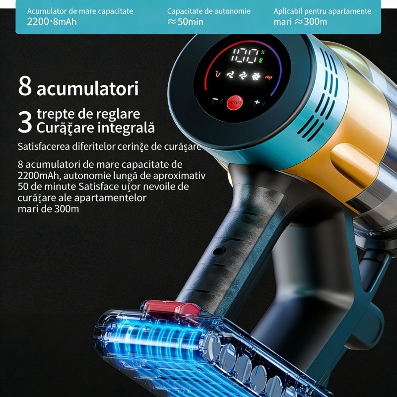 Aspirator vertical Fara Fir AjieQaQ® V22 Pro: 650W/40kpa, Baterie 20000 Mah, acumulator Li 29.6V, 3 moduri, autonomie pana la 70 min, rezervor praf 1.2 l, Tub extensibil, Ecran tactil LED inteligent, filtru HEPA, cu cinci accesorii, Auriu/Negru