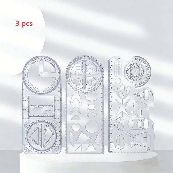 Tioialz® Set Multifunctional de Instrumente de Desen Geometric Transparent: Rigle, Protractor si Sabloane Geometrice – Ideal pentru Elevi si Designeri