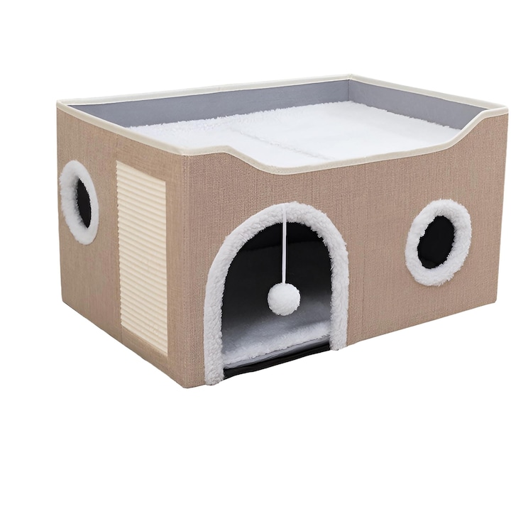 Casute pentru pisici de interior - Pat mare pentru pisici in forma de pestera, cu suport pentru zgariat si minge pufoasa, ascunzatoare pliabila pentru pisici, cu perna reversibila pentru mai multe animale mici de companie, culoare kaki