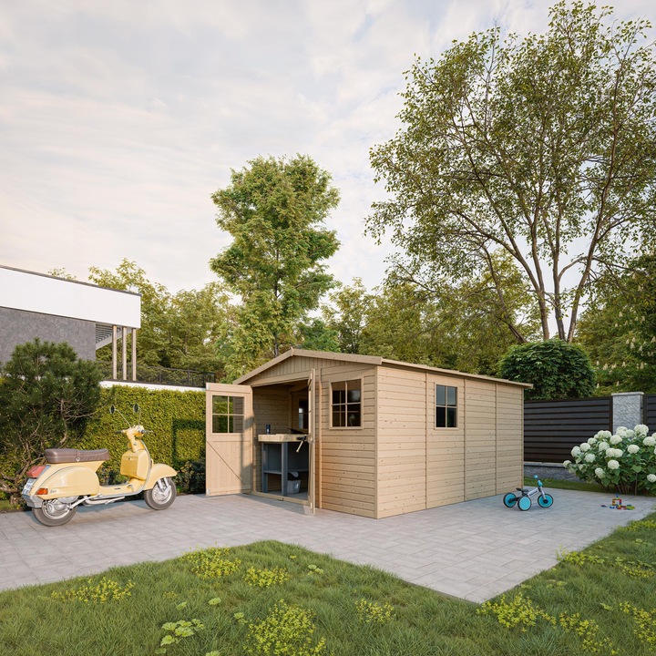 Sopron de gradina din lemn Timbela M336 cu podea - A226 x 324 x 416 cm / 12 m2