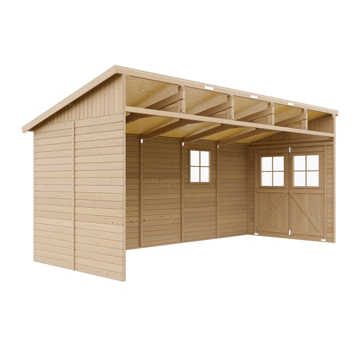 Magazin de gradina din lemn - Magazin din lemn Lean-To Shiplap H243 x 216 x 513 cm / 10 m2 - Magazin si depozitare exterioara - scanduri de 17 mm - Magazin pentru biciclete, Spatiu atelier exterior gradina - TIMBELA M341 (fara perete lateral)