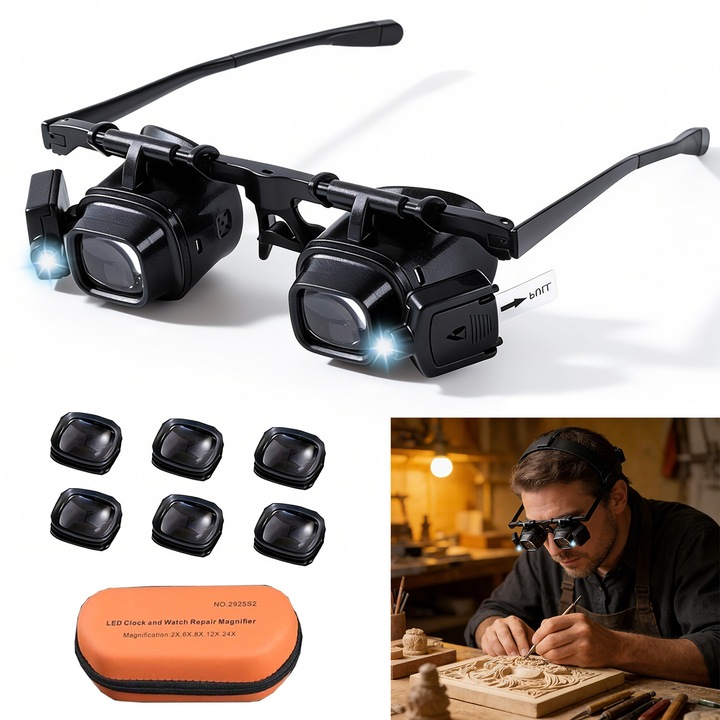 Lupa de cap SDLOGAL, cu 5 lentile interschimbabile, iluminare LED, 22X, negru